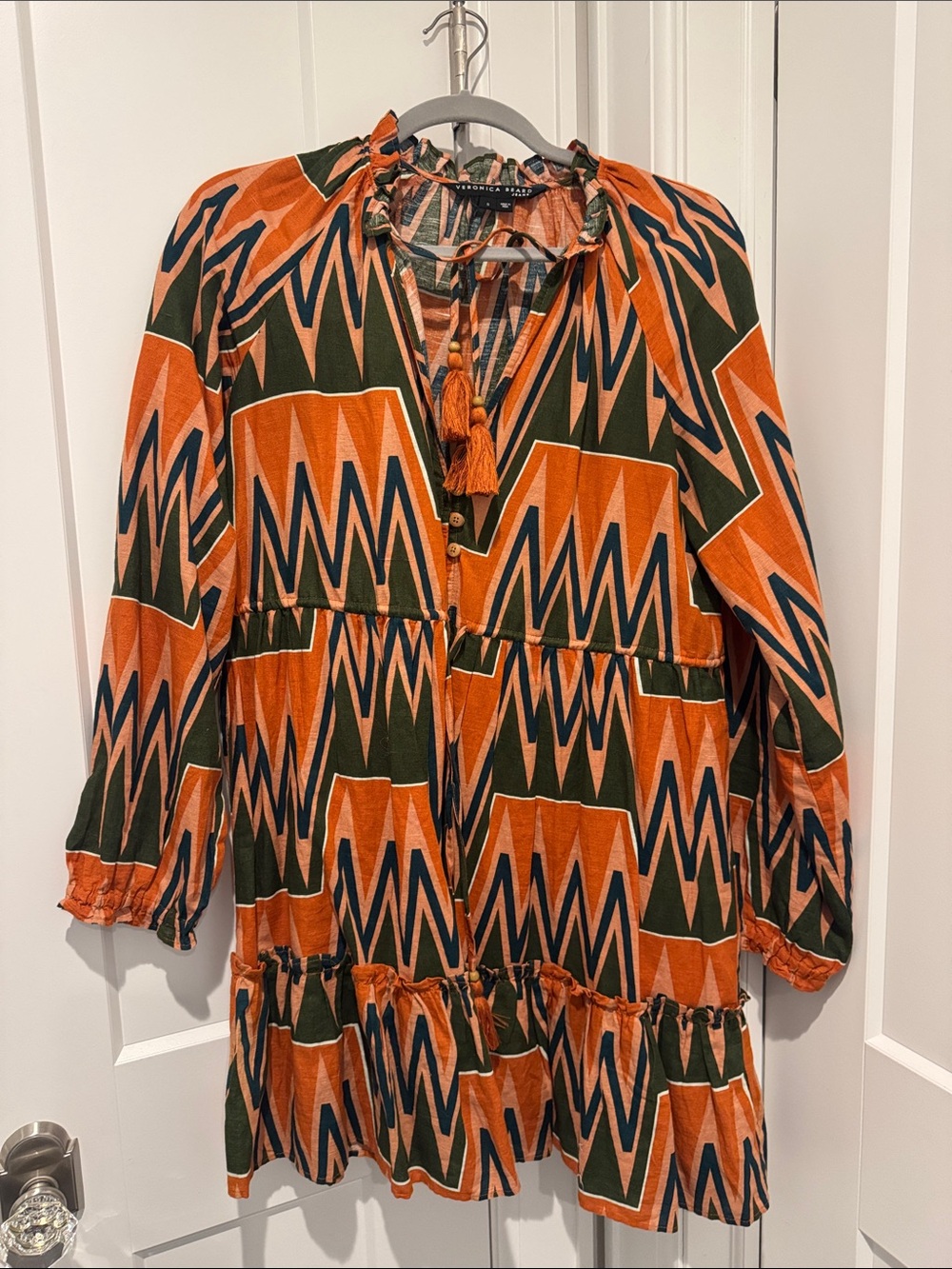 Veronica Beard Geometric Tiered Tunic Dress in Orange & Green